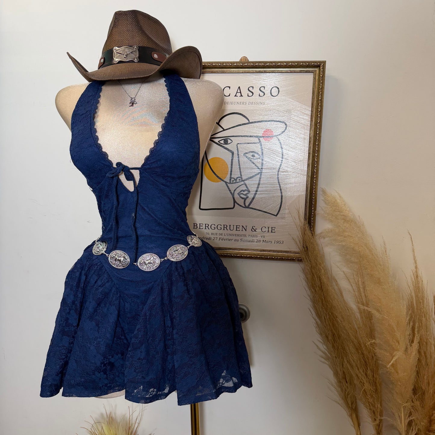 Lace Halter Mini Dress With Flared Skater Skirt-Navy