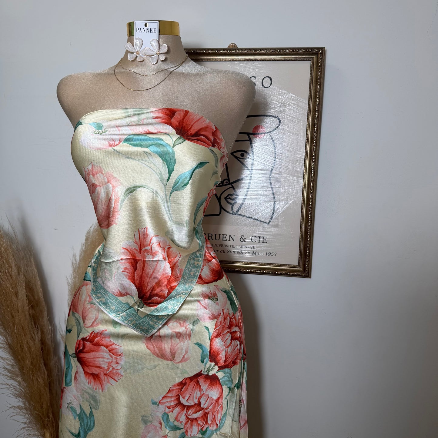 Floral strapless Satin Top and Maxi skirt set-Butter yellow