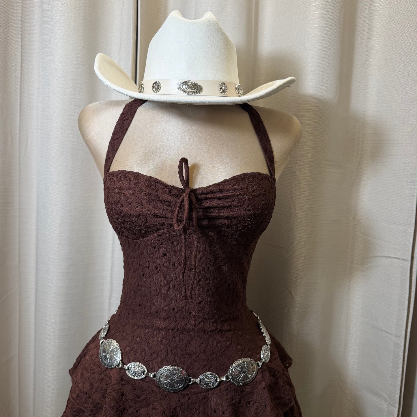 Eyelet halter neck Tiered Ruffle Mini Dress-Brown