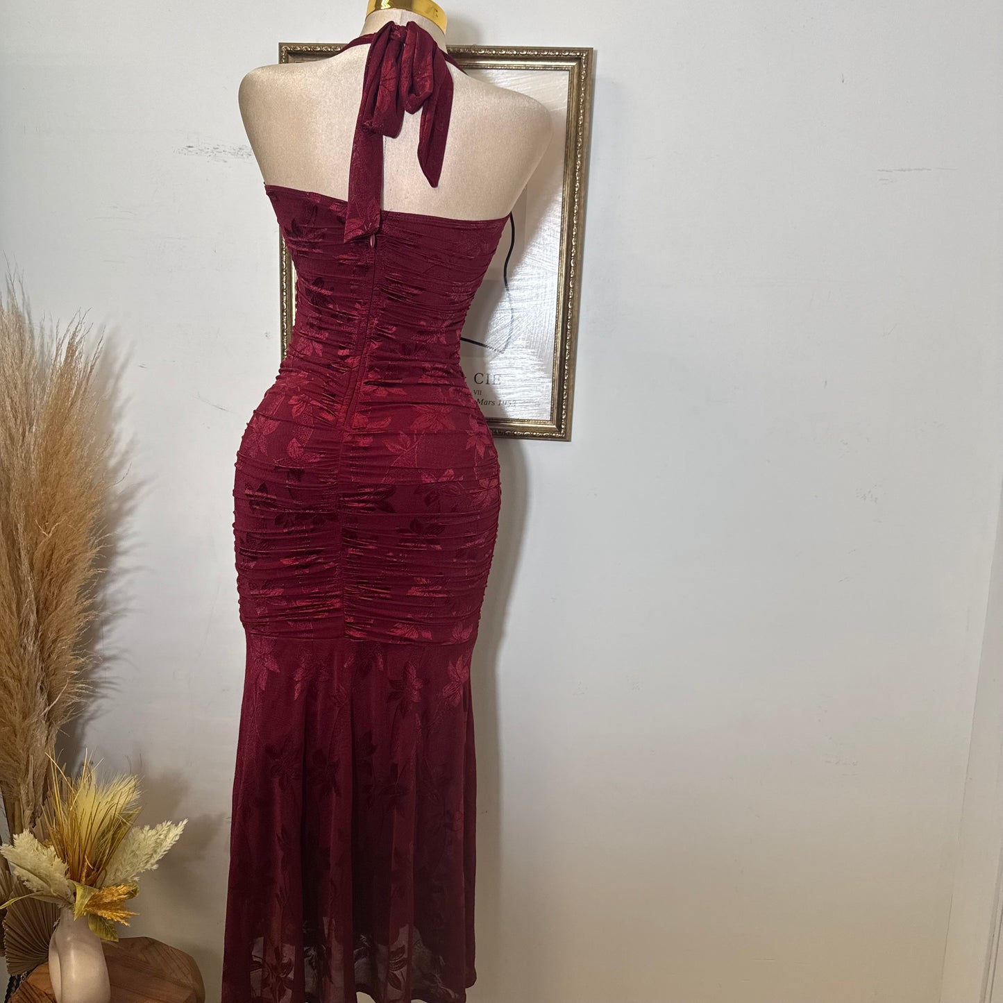 Trim accent Midi Dress-Wine