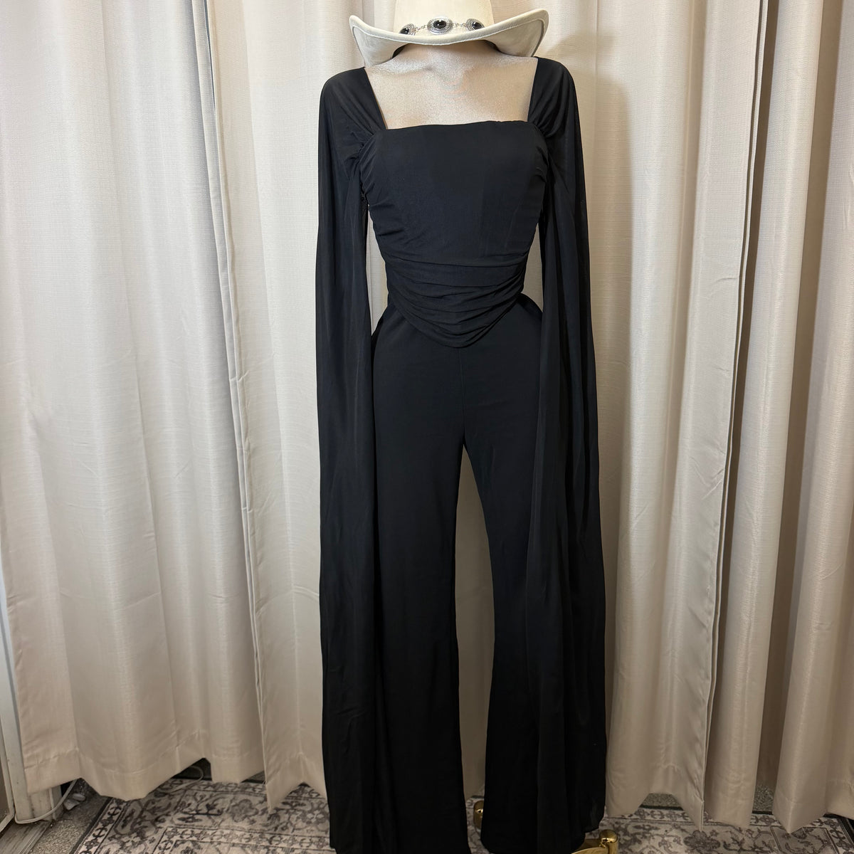 Mesh Cape Sleeve Corset Jumpsuit-Black