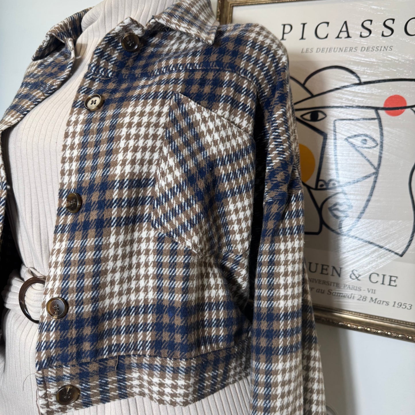 Cropped Button Down Plaid Jacket-Navy