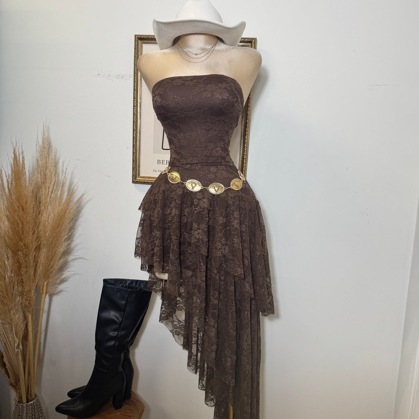 Lace Double Layer Ruffle Asymmetrical Maxi Dress-Brown