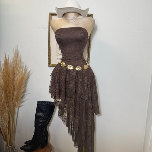 Lace Double Layer Ruffle Asymmetrical Maxi Dress-Brown