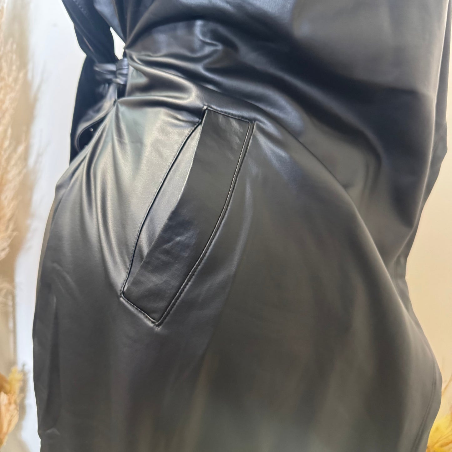 Faux Leather Long Coat with Belt -Black