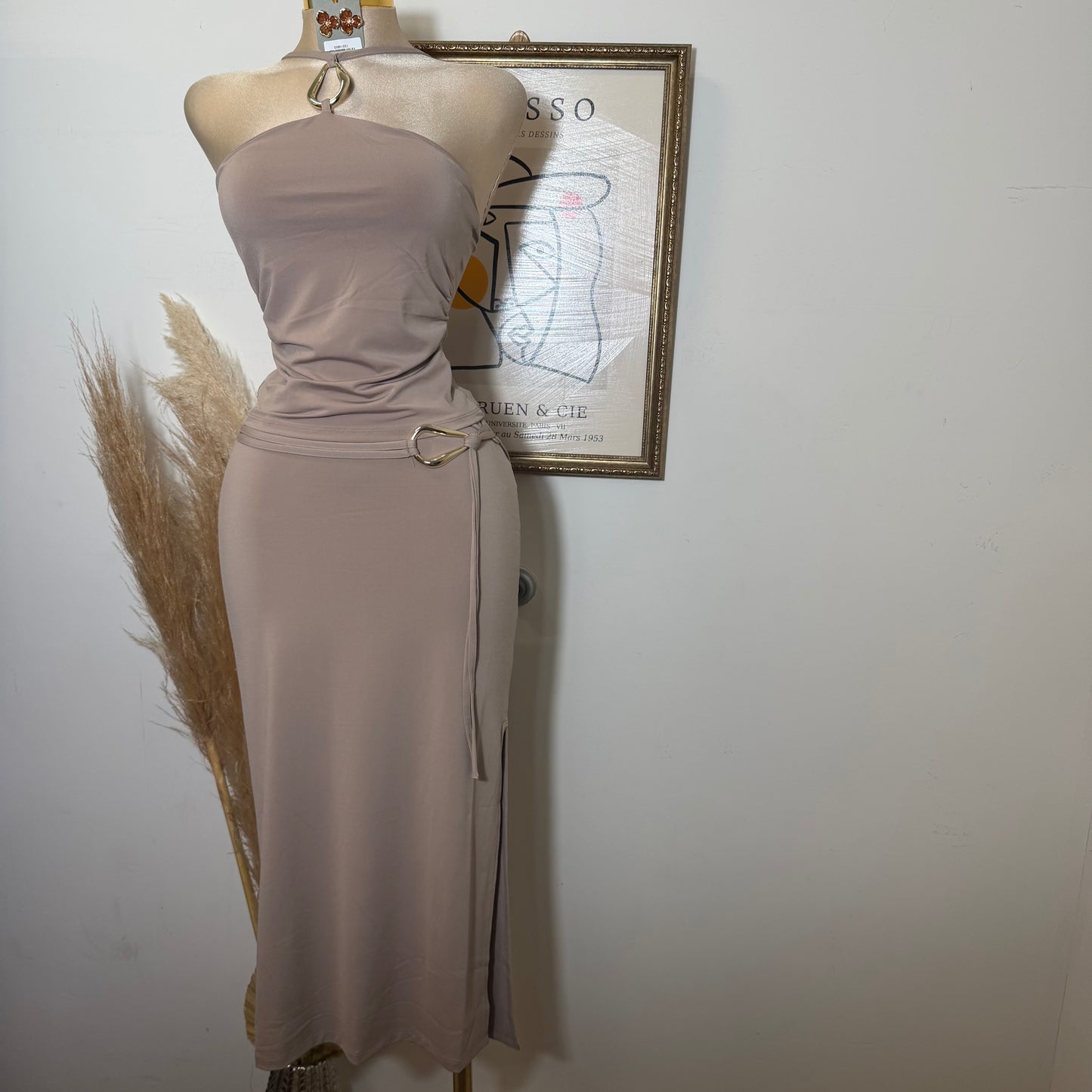 Keyhole Halter Top W/ Midi Skirt Set-Taupe