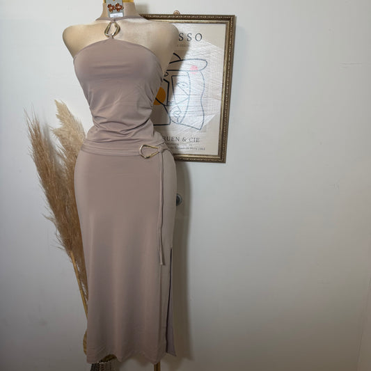 Keyhole Halter Top W/ Midi Skirt Set-Taupe