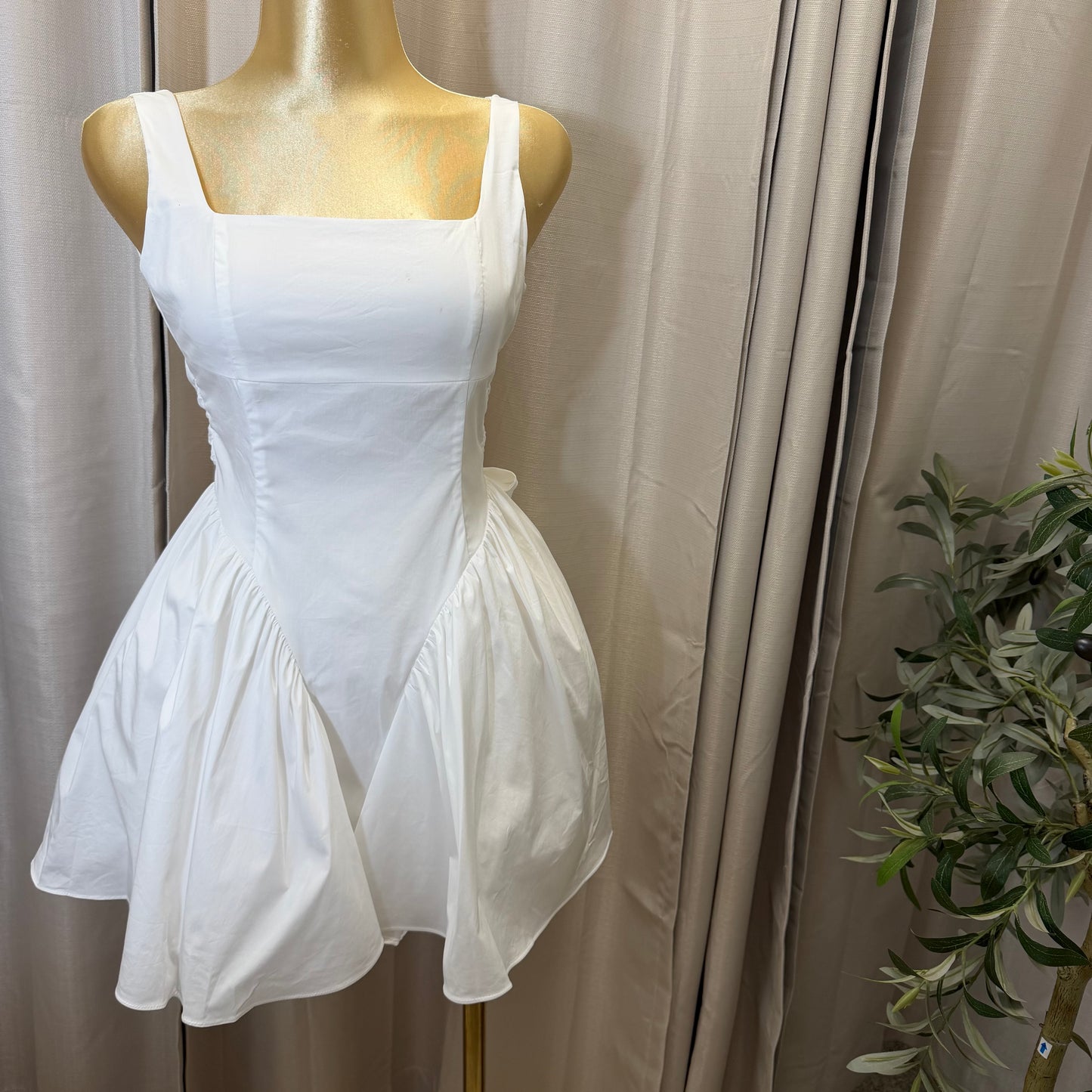 Poplin Back Ribbon Mini Dress-White