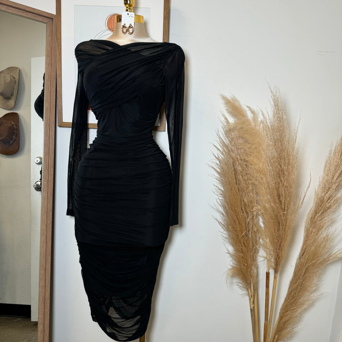 Long Sleeve Mesh Surplus Front Ruched Midi Dress-Black