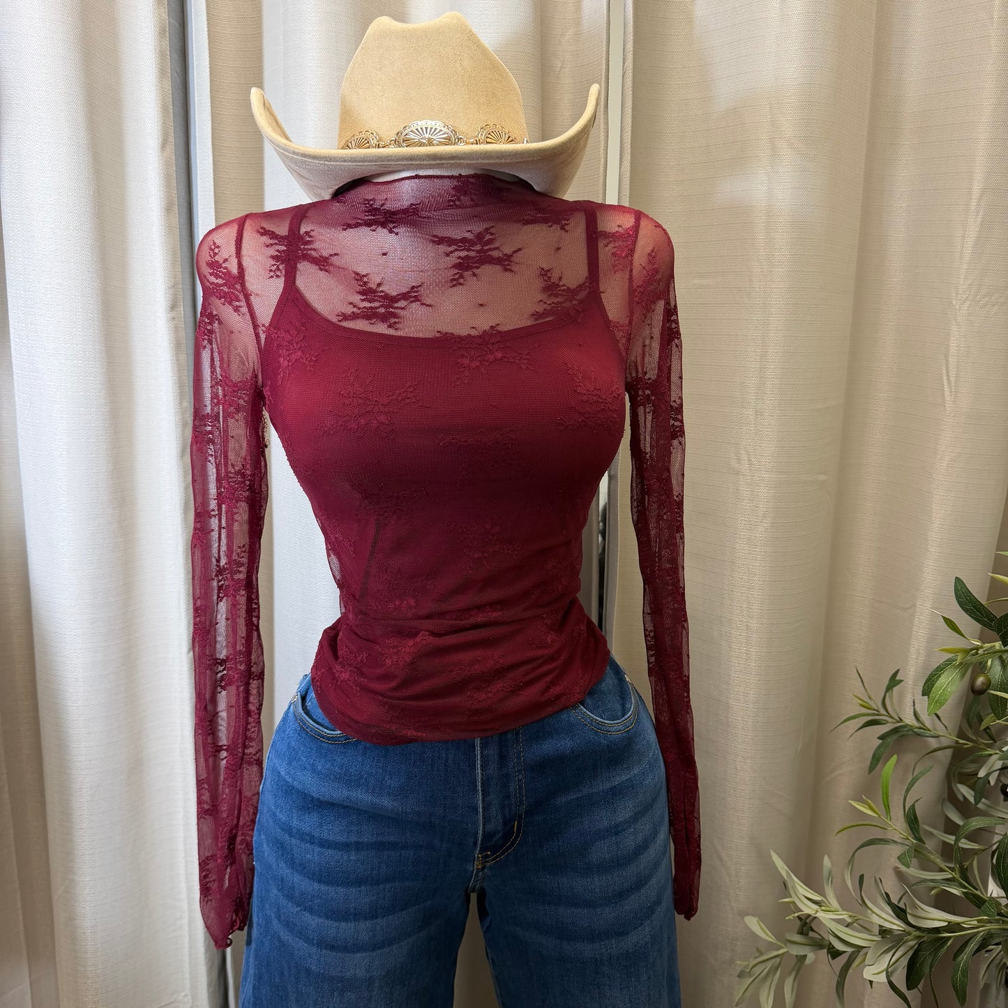 Lace Two Piece Long sleeve lace Top-Burgundy
