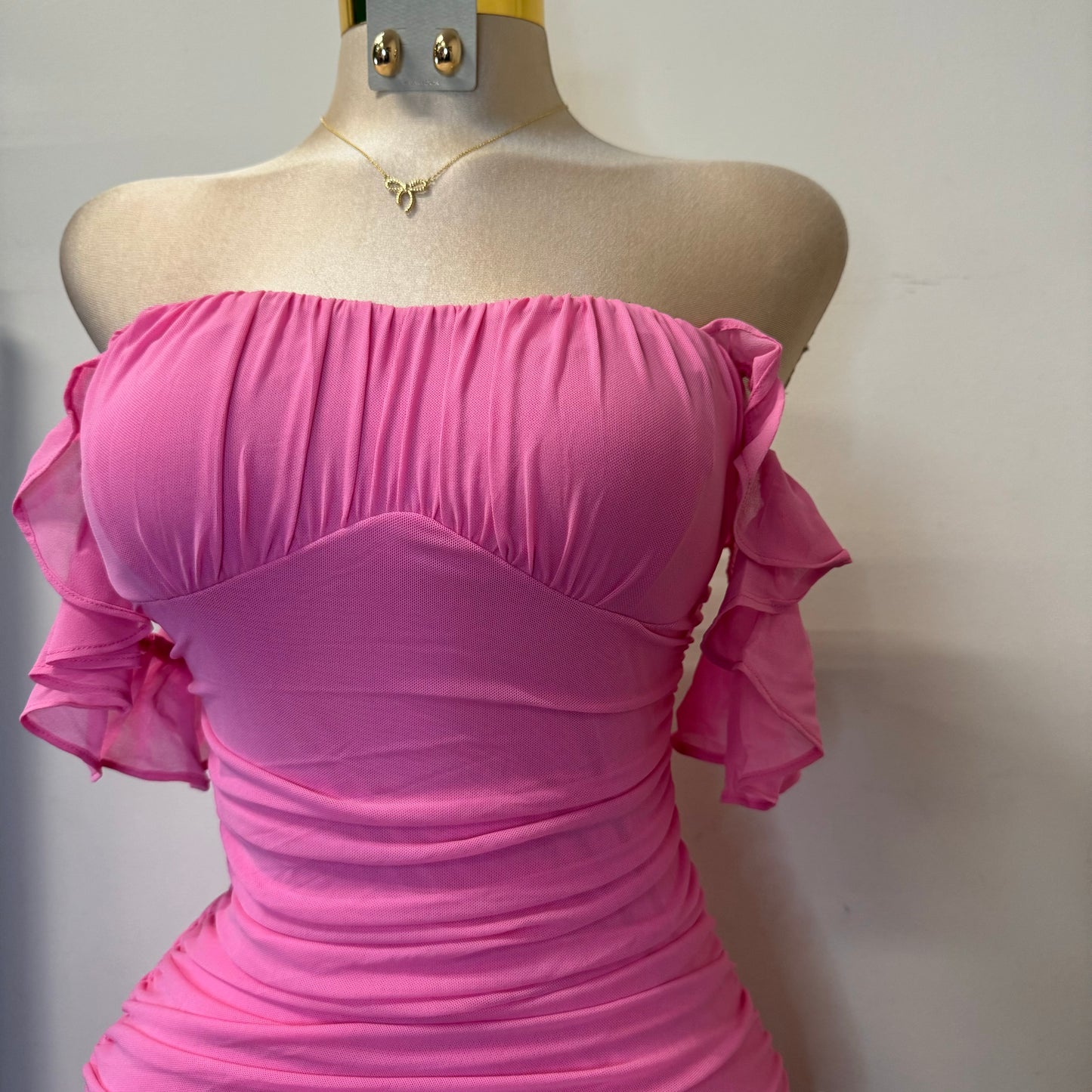 Annalise  Off Shoulder Mesh Asymmetrical Ruffle Hem Dress-Pink