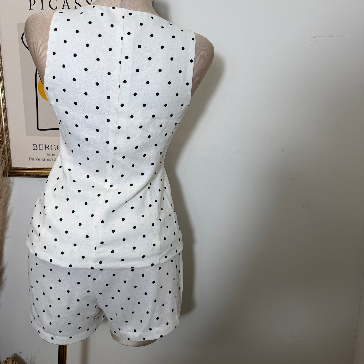 Polka Dot Linen Top w/ Gold Buttons shorts set-White