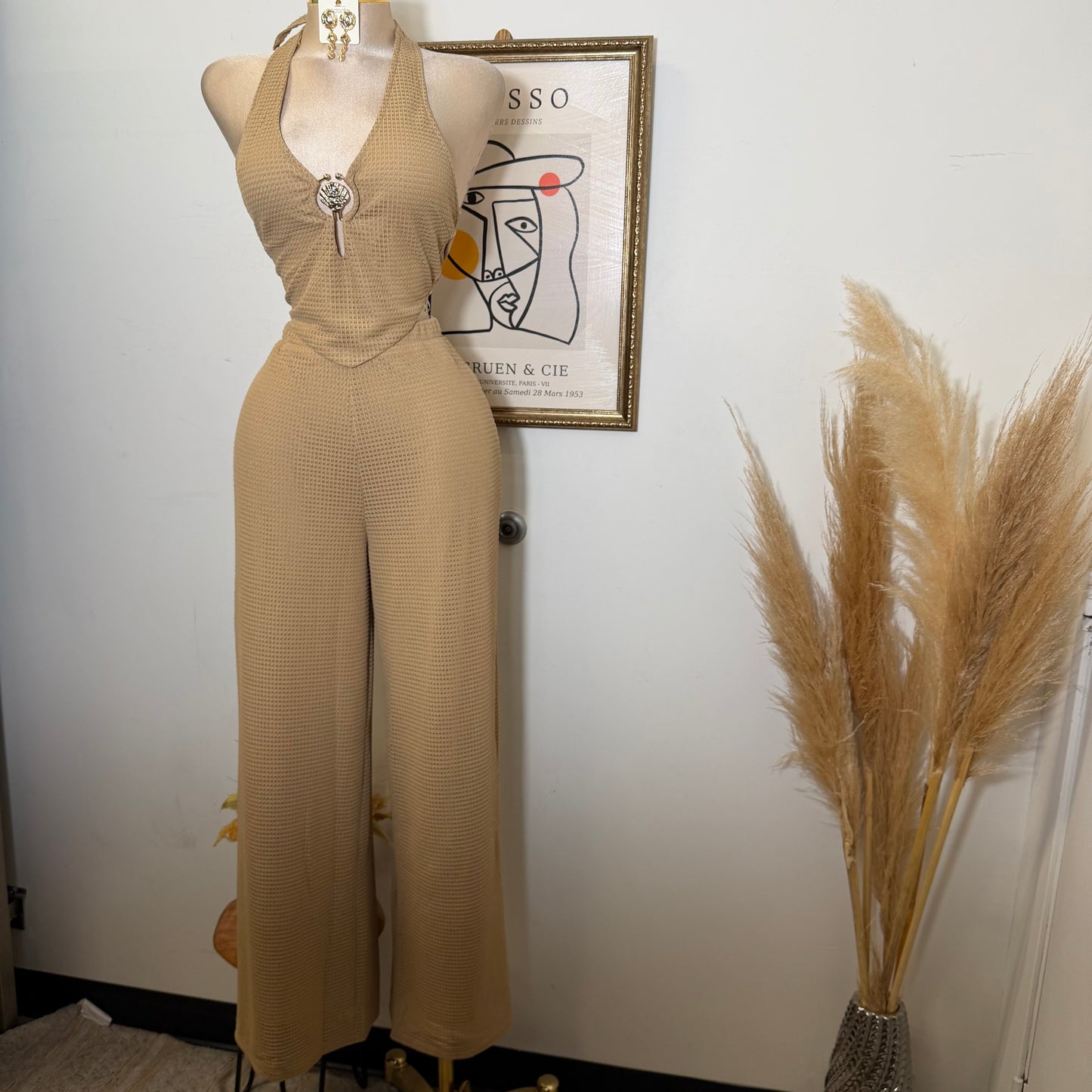 Waffle Knit Seashell Trim Top Wide leg Pant Set-Taupe