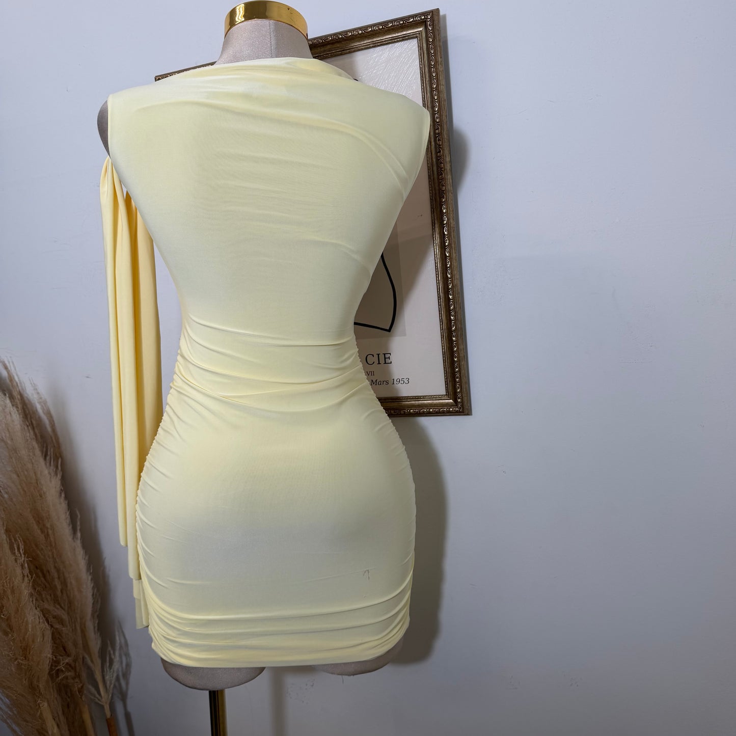 Off Shoulder Ruched Side Tie Mini Dress-LT Yellow