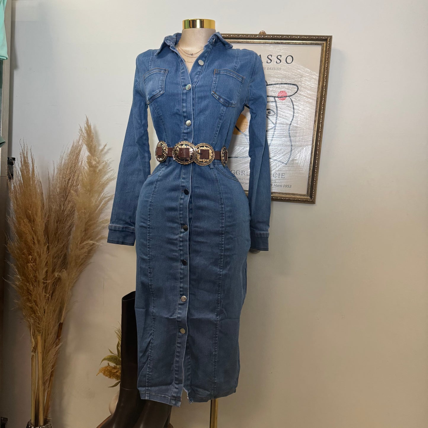 Denim Button Long Dress-Medium Wash