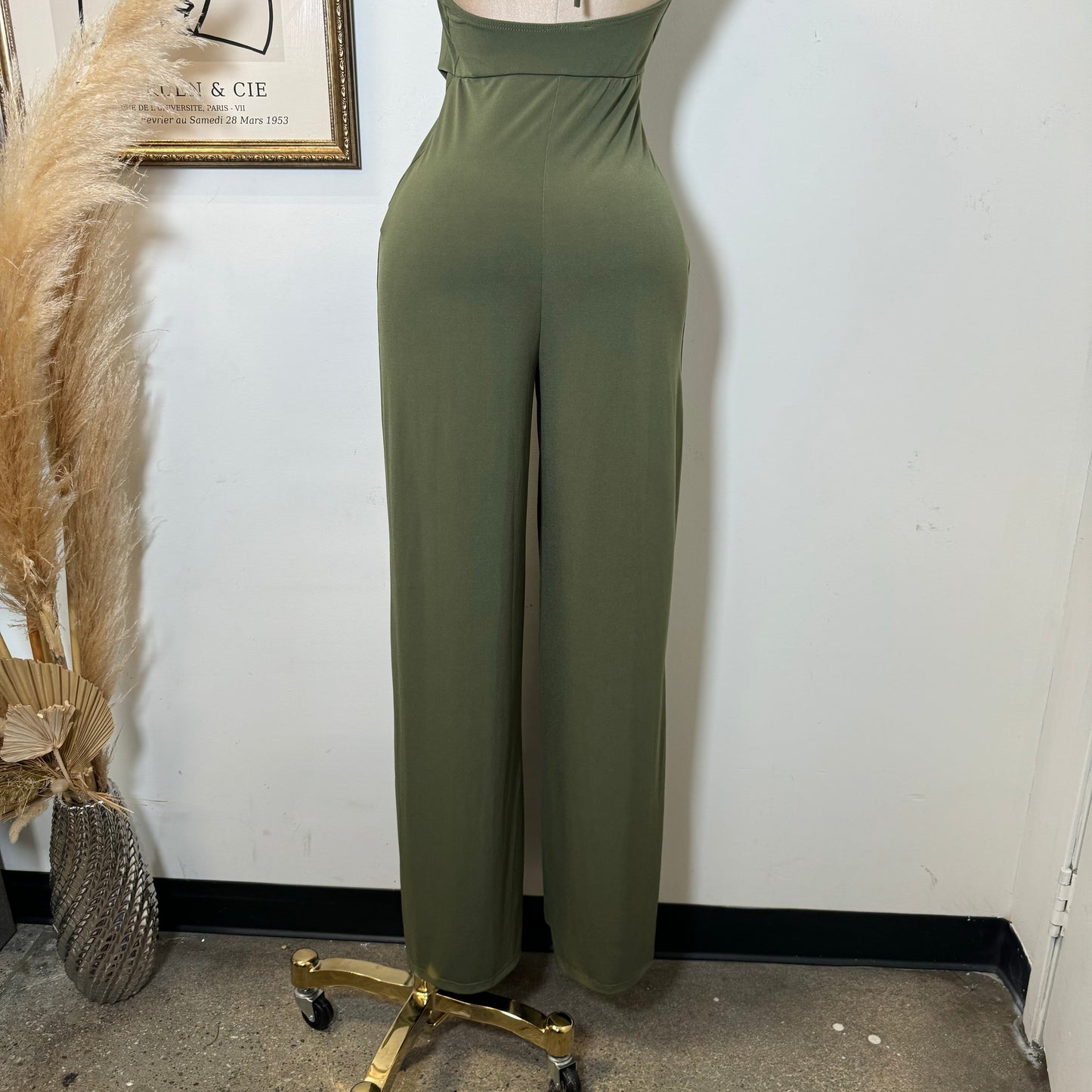 Bead Cowl Neck Halter Jumpsuit-Green