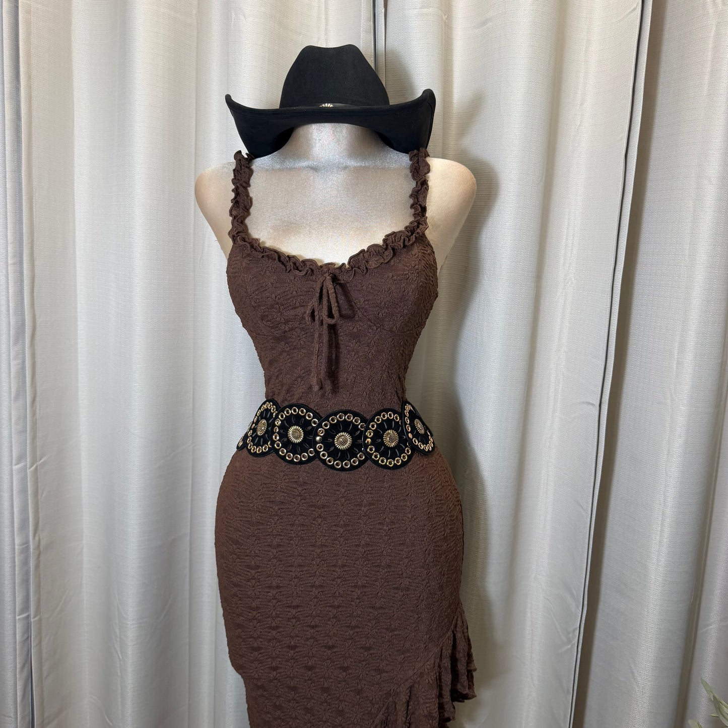 Daisy Asymmetric Skirt Midi Dress-Brown