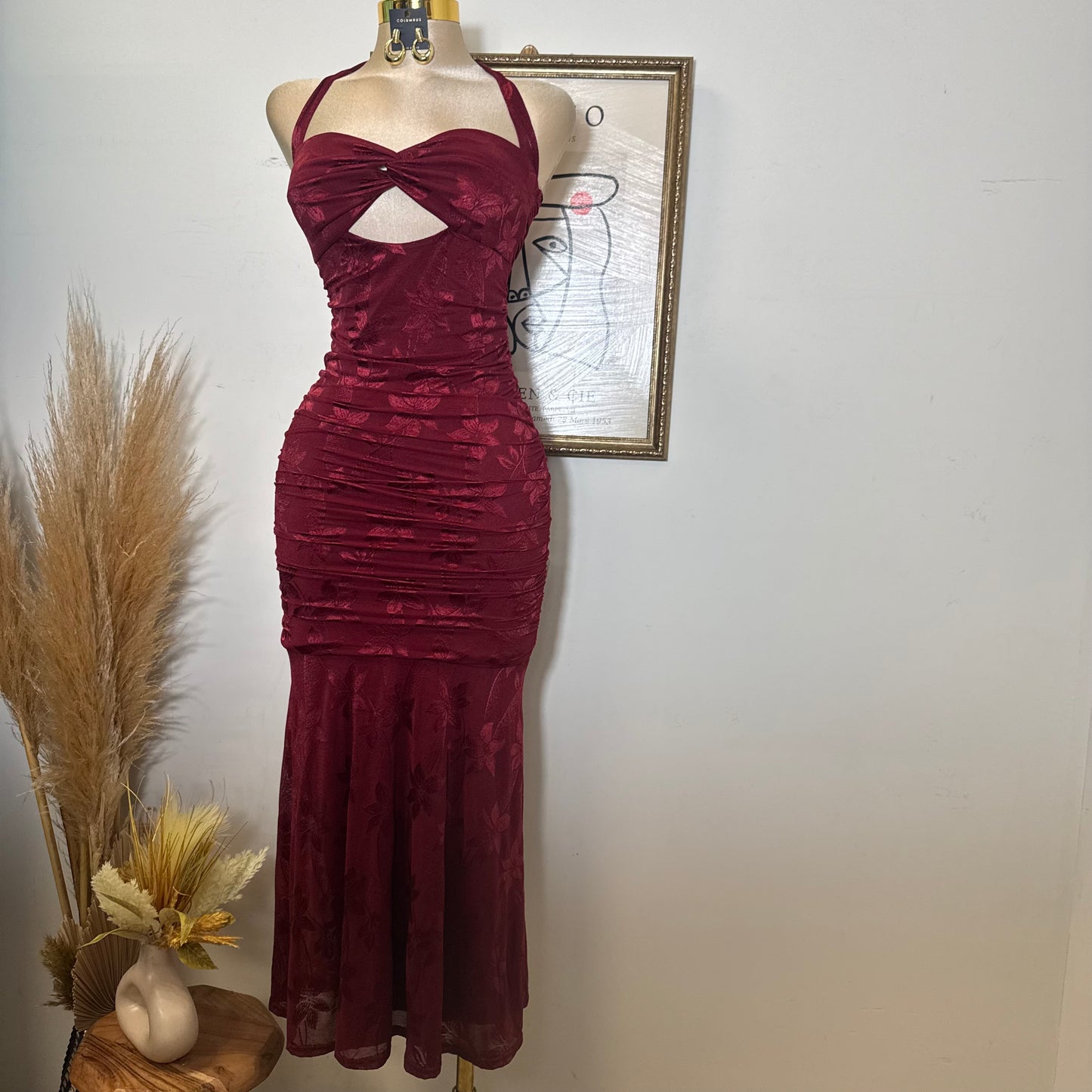 Trim accent Midi Dress-Wine