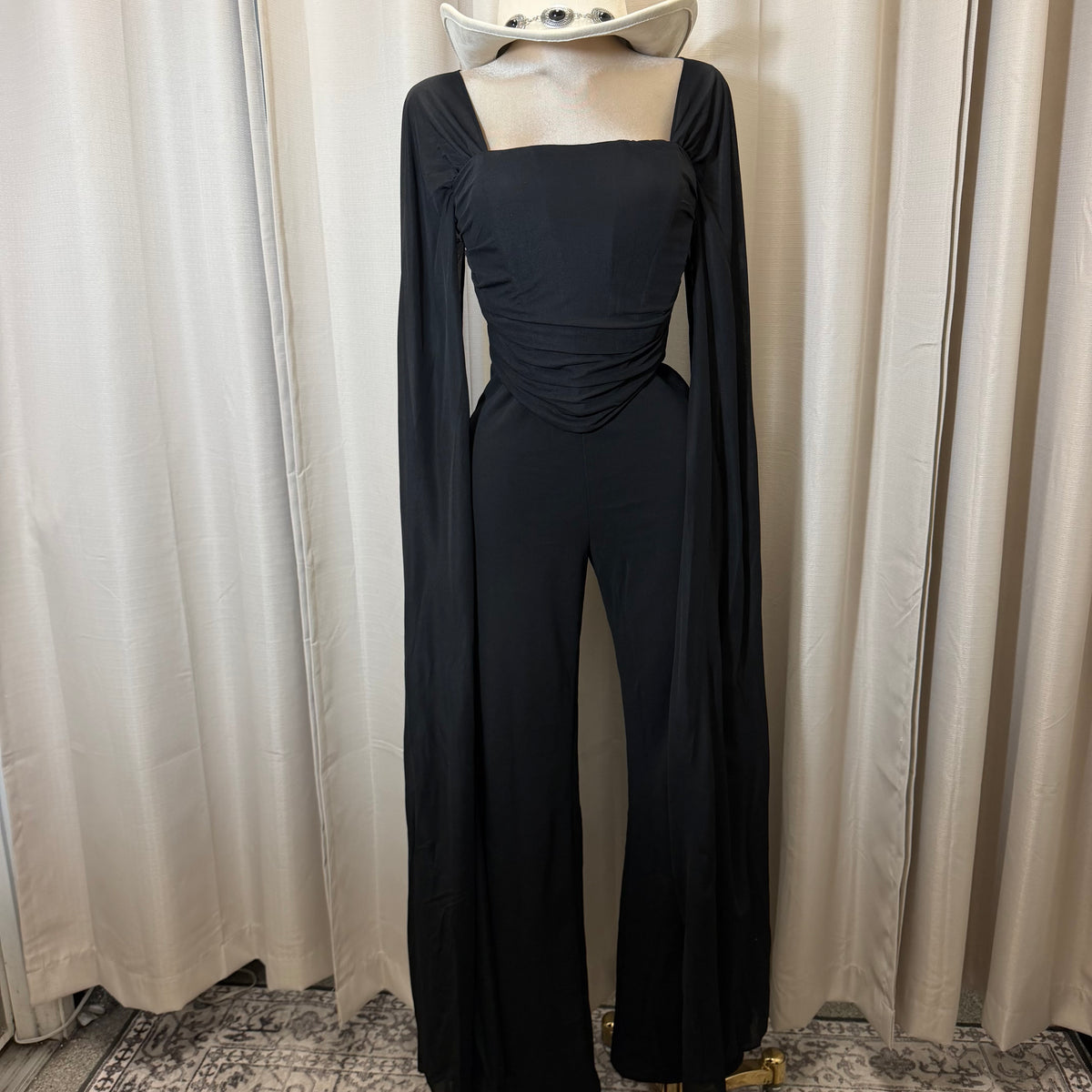 Mesh Cape Sleeve Corset Jumpsuit-Black