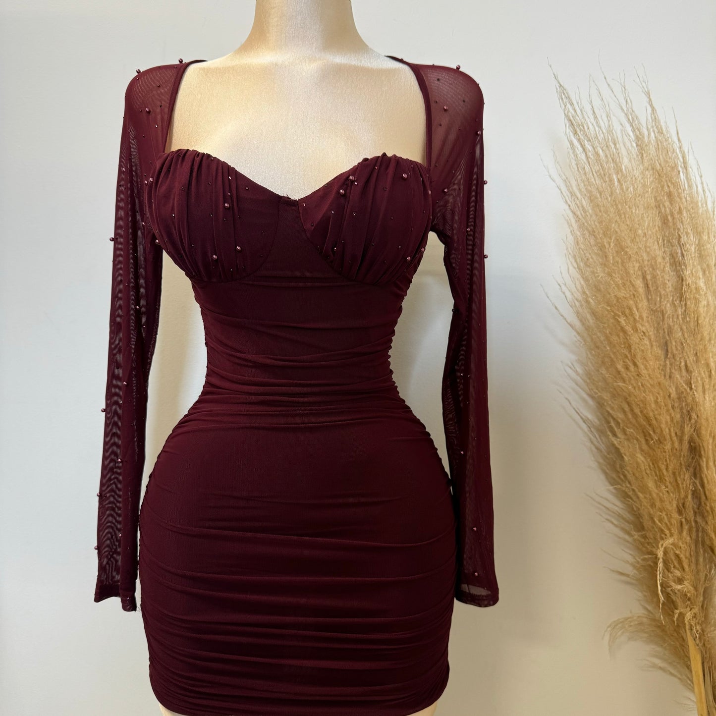 Talia Pearl Dress-Burgundy