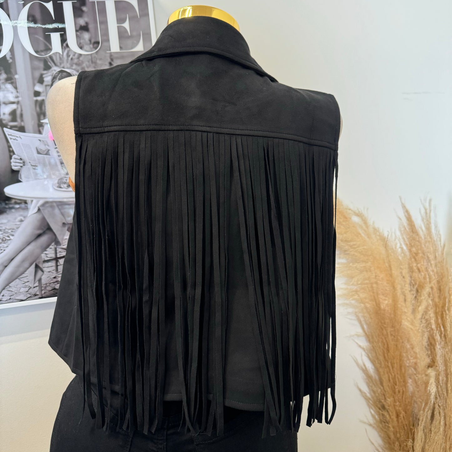 Collared Fringe Suede Vest -Black