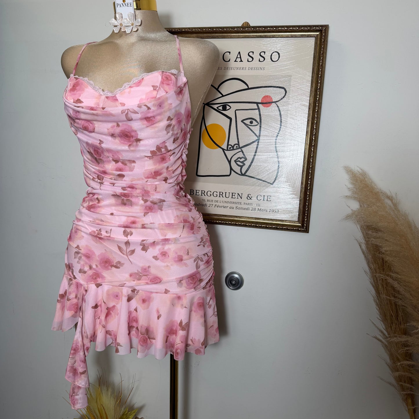 Floral open Back Mini Dress with Flowing Skirt-Pink
