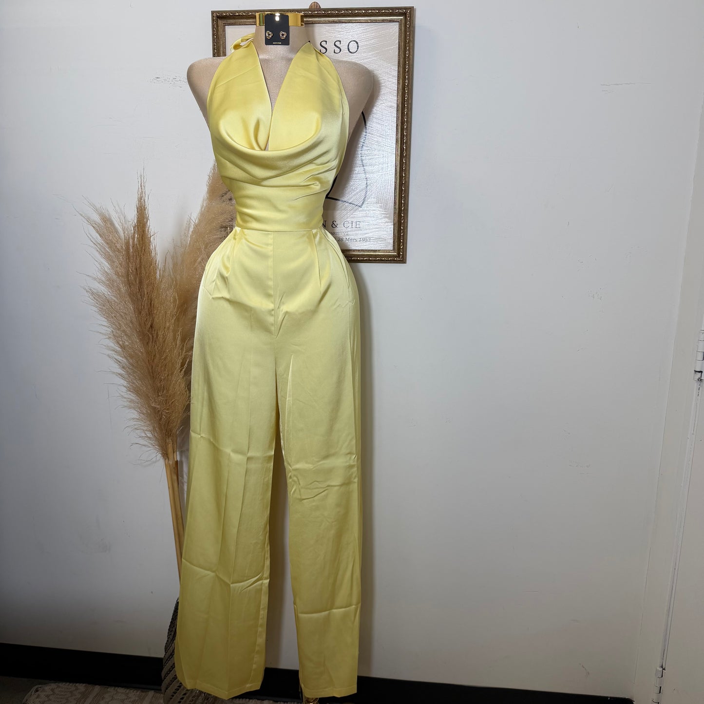 Cowl Halter Neck Wide Leg Jumpsuit-Baby Yellow