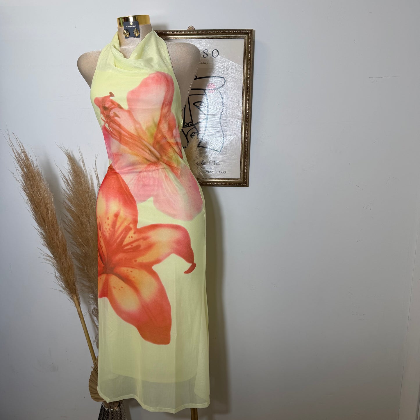Mesh Tropical Floral Print Halter Neck Button Tie Midi Dress-Yellow