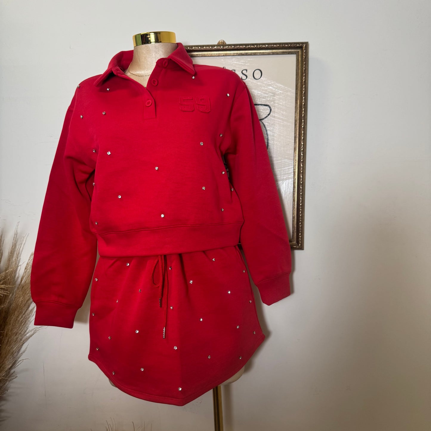 Long Sleeve Embellish scuba Polo Set-Red