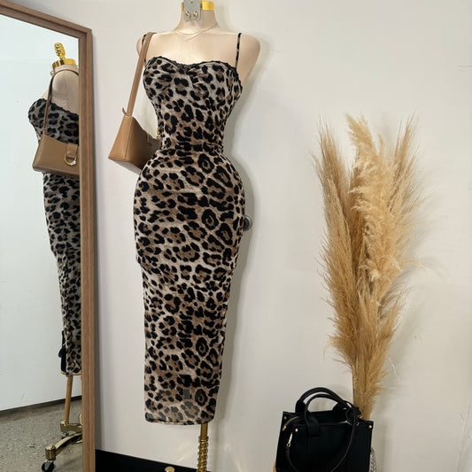 Mesh  Animal Printed Maxi Dress-Brown/Black