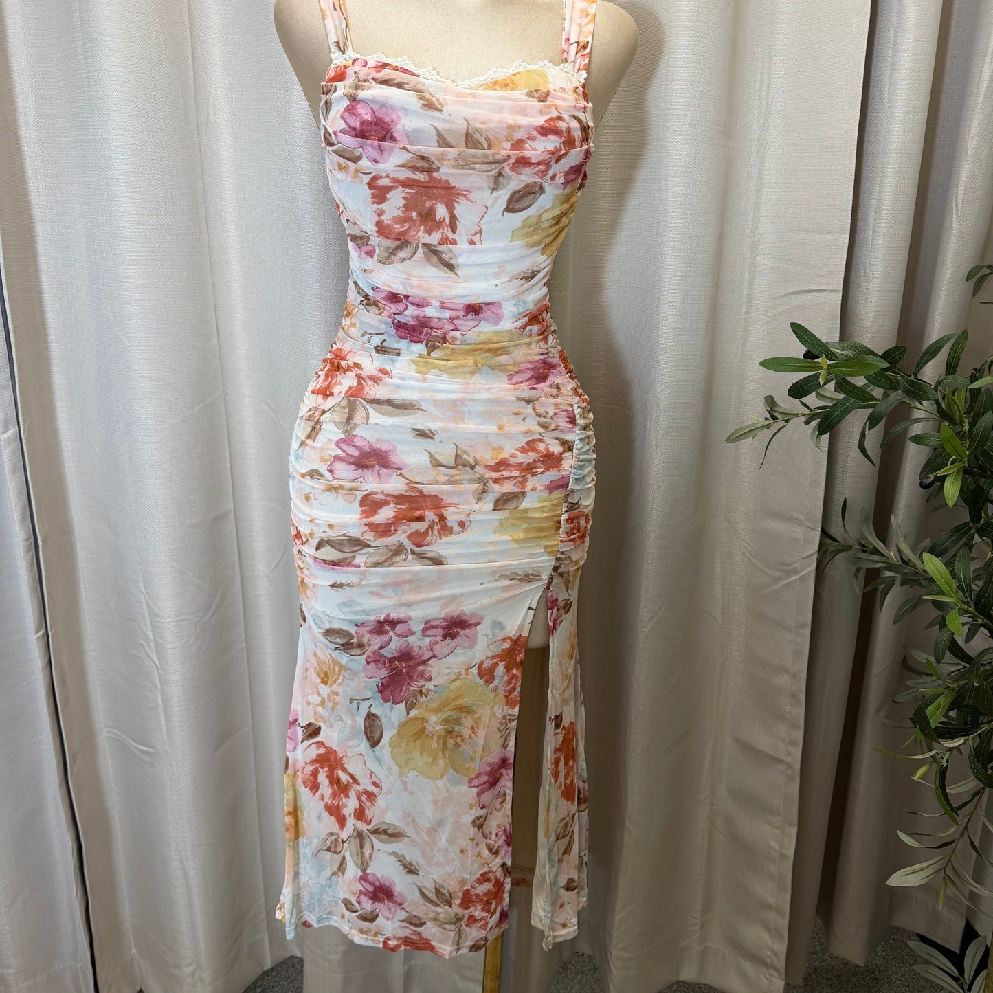 Mesh Flower Print Midi Dress-Pink/Cream/Multi