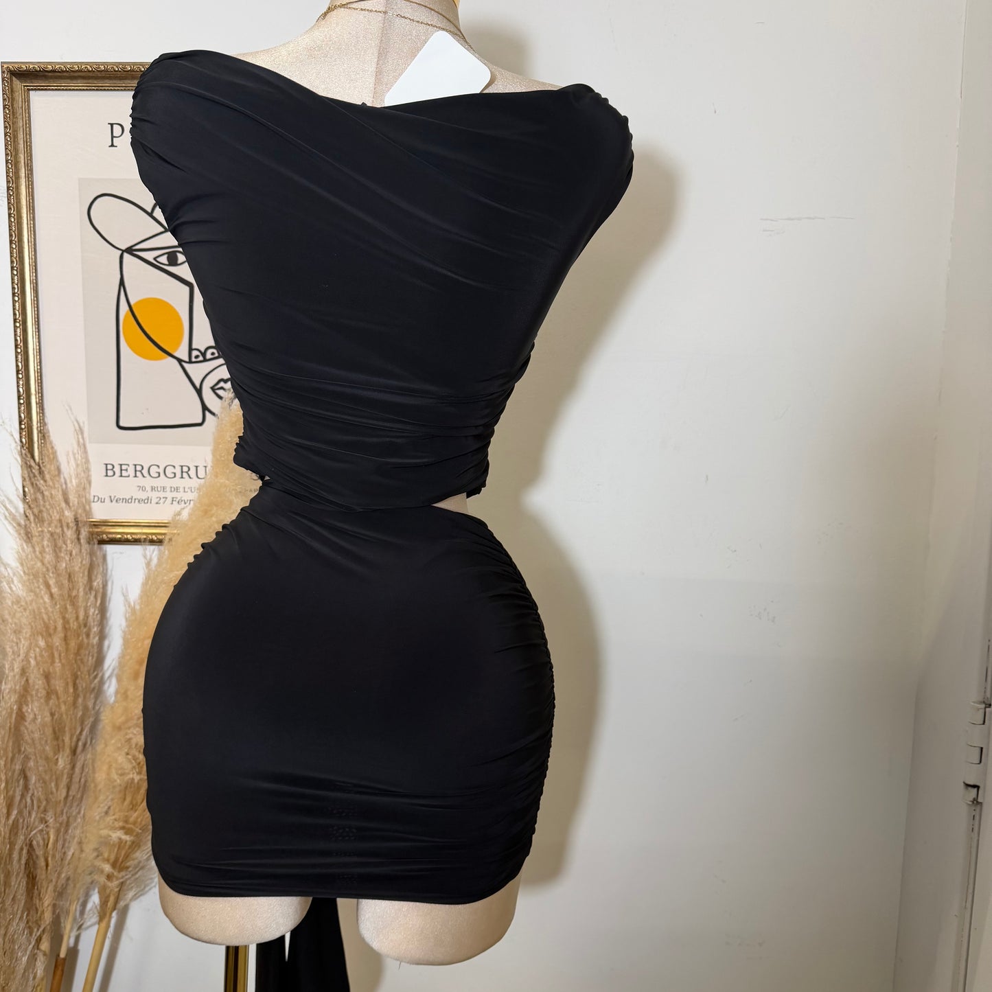Short Sleeve & Mini Skirt w/ Drape Tie Ruched Set-Black