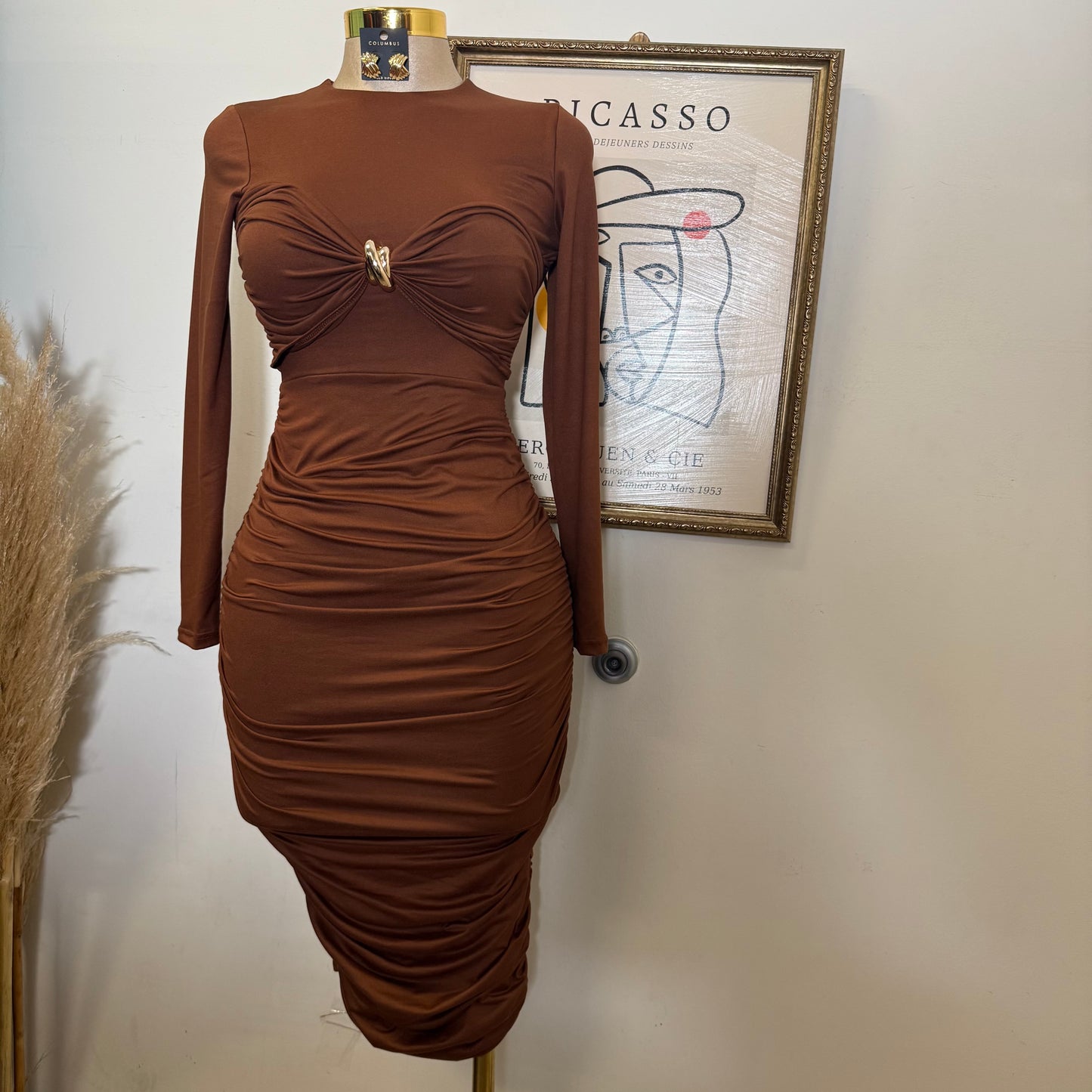 Long Sleeve Double Layered Midi Dress-Mocha