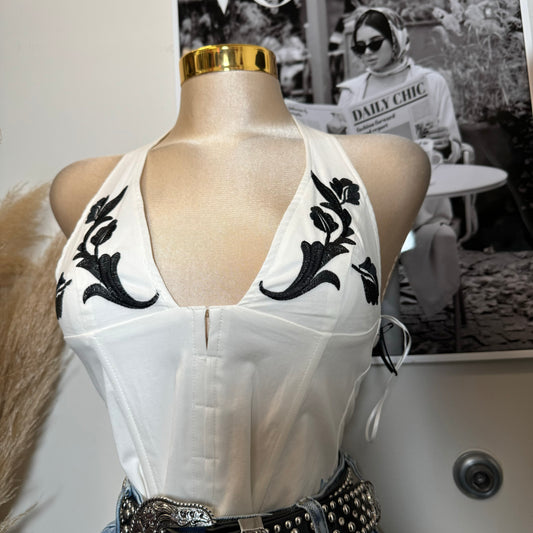 Maisie Western Embroidered Halter Top-White