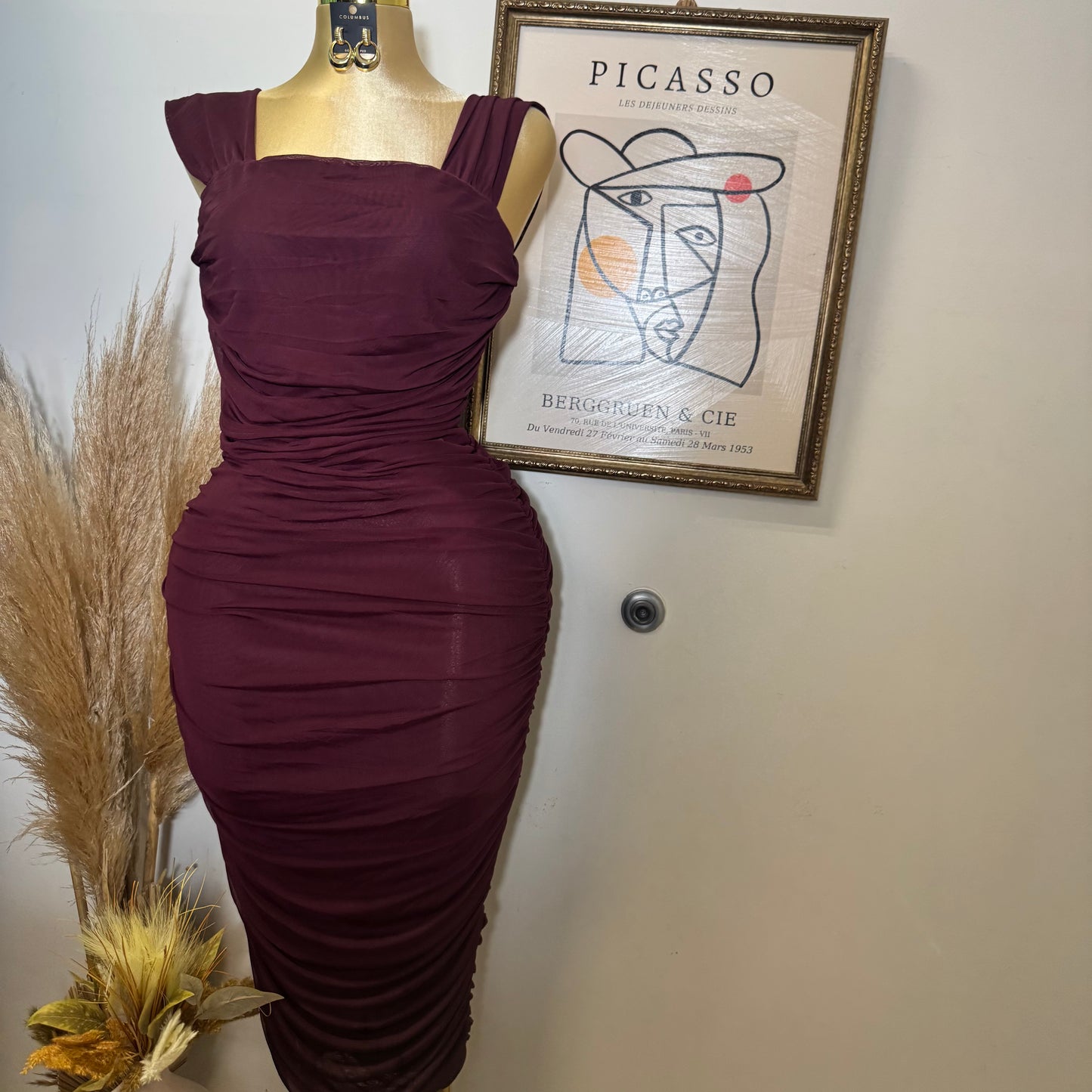 PL Sleeveless Square Neck Ruched Mesh Dress-Burgundy
