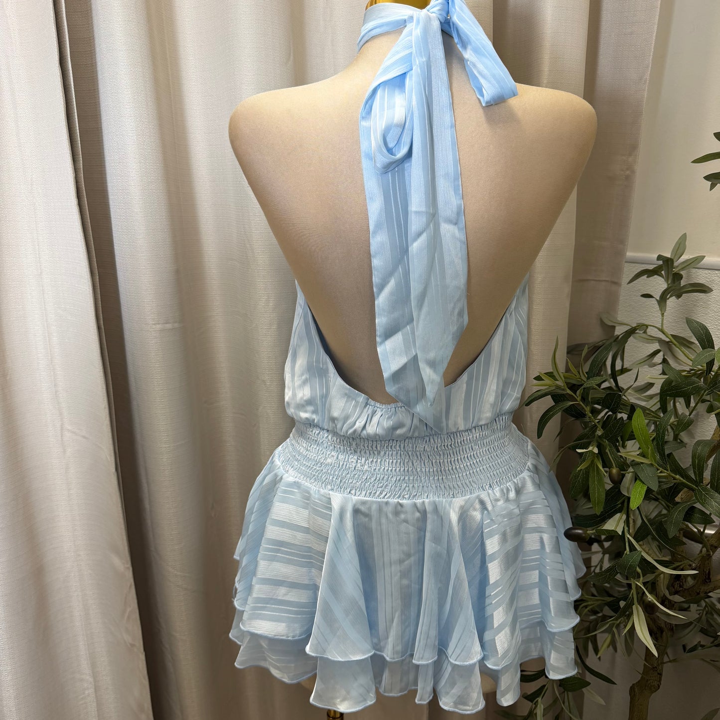 Halter Neck Low Open Back Mini Romper-Baby Blue