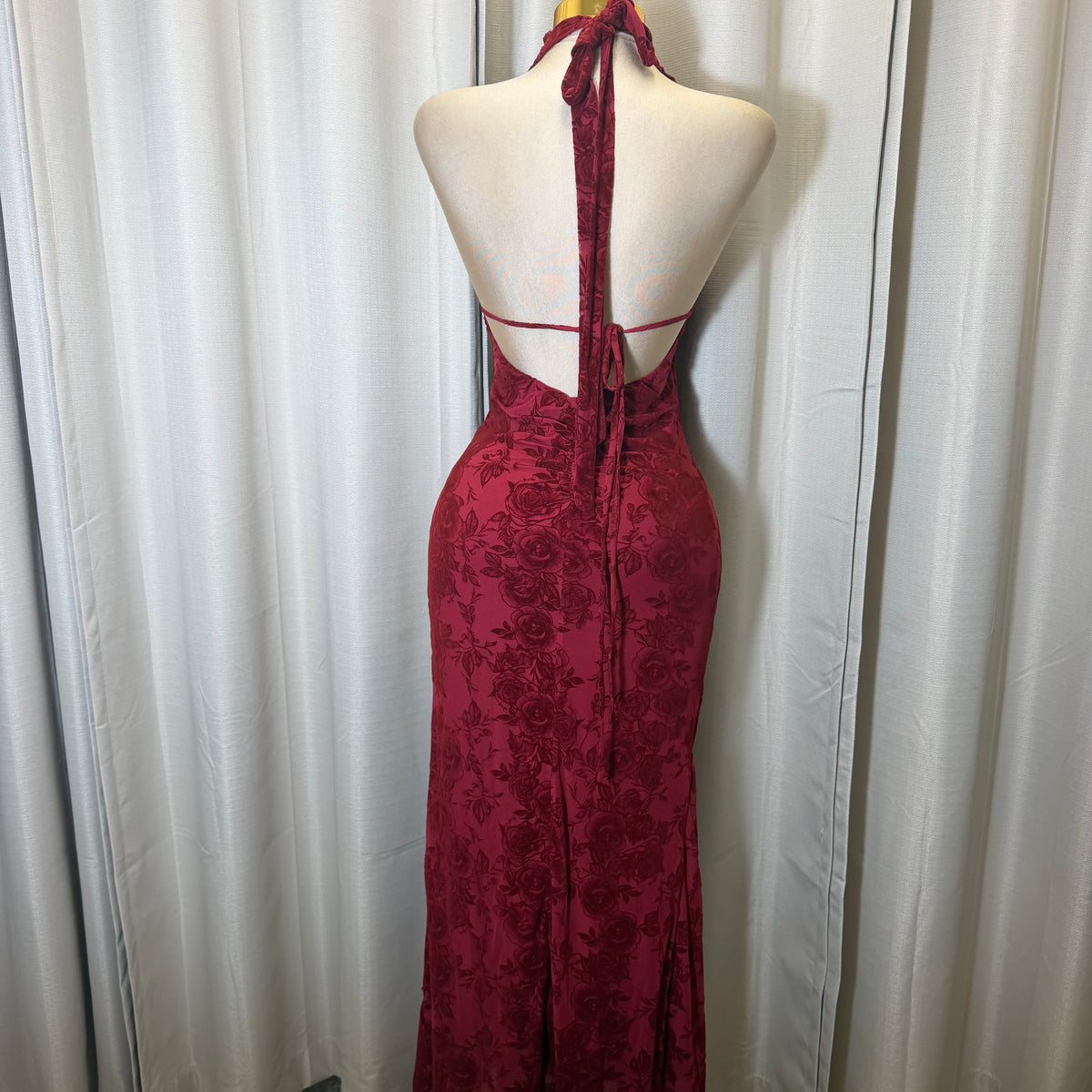 Halter Lace Detail Floral Dress-Red/Burgundy