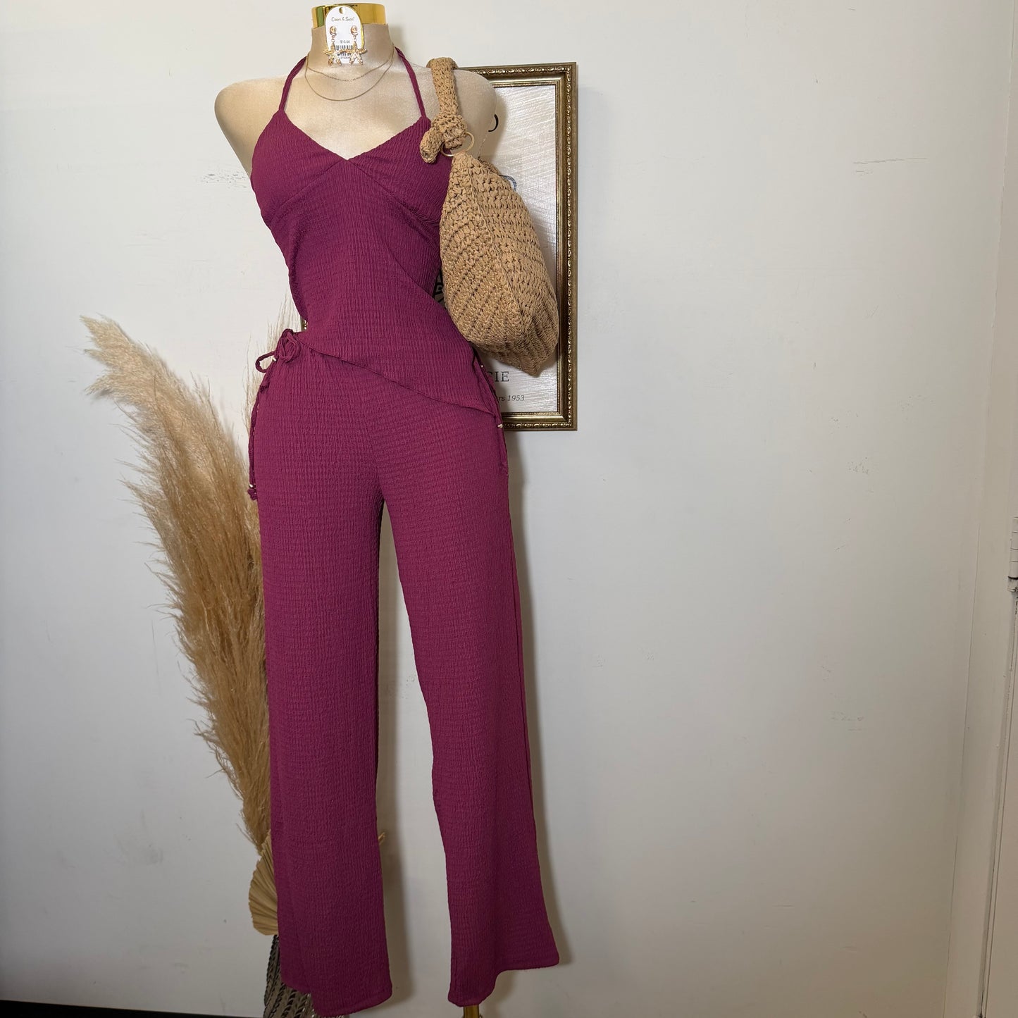 Asymmetrical hem Halter Top Wide leg Set-Berry