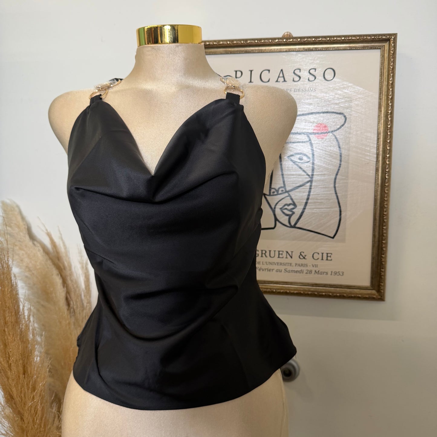 Satin Cowl-Neck Top w/ Gold Ring Details-Black