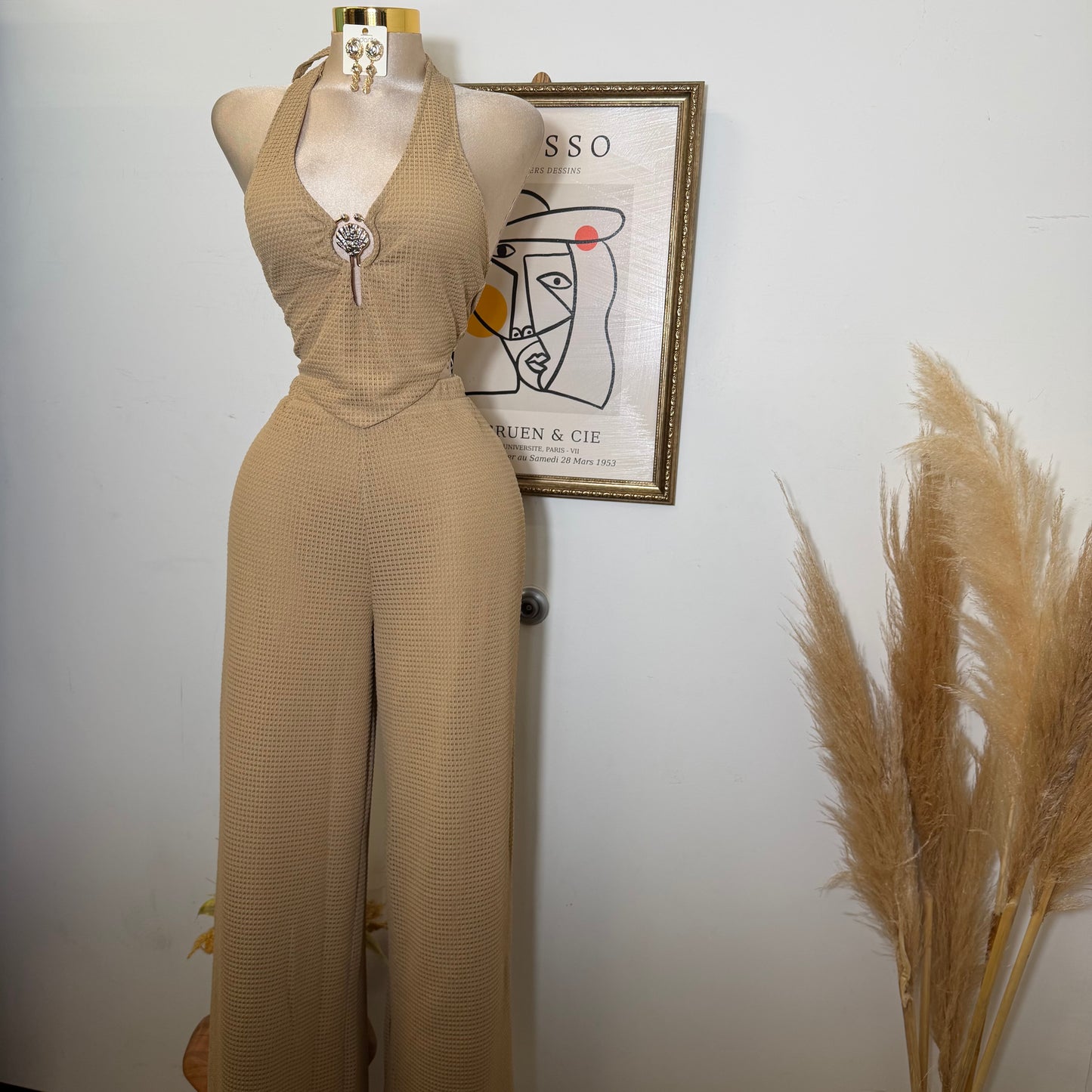 Waffle Knit Seashell Trim Top Wide leg Pant Set-Taupe