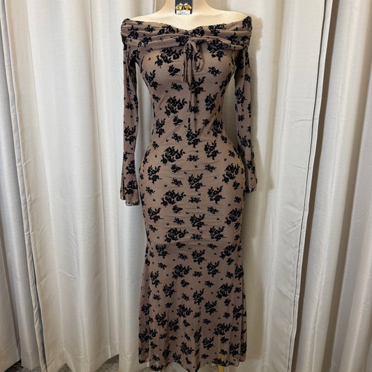 Flocked Long Sleeve Mesh off shoulder maxi Dress-Brown/Black