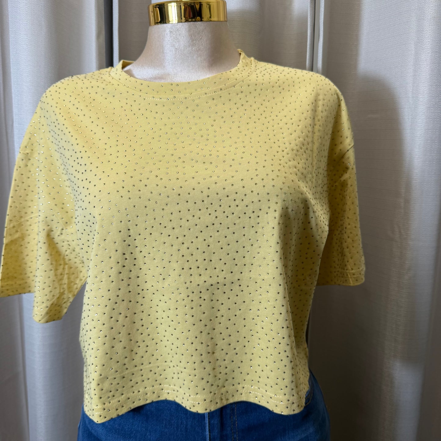 Rhinestone Crop Top-Butter Yellow