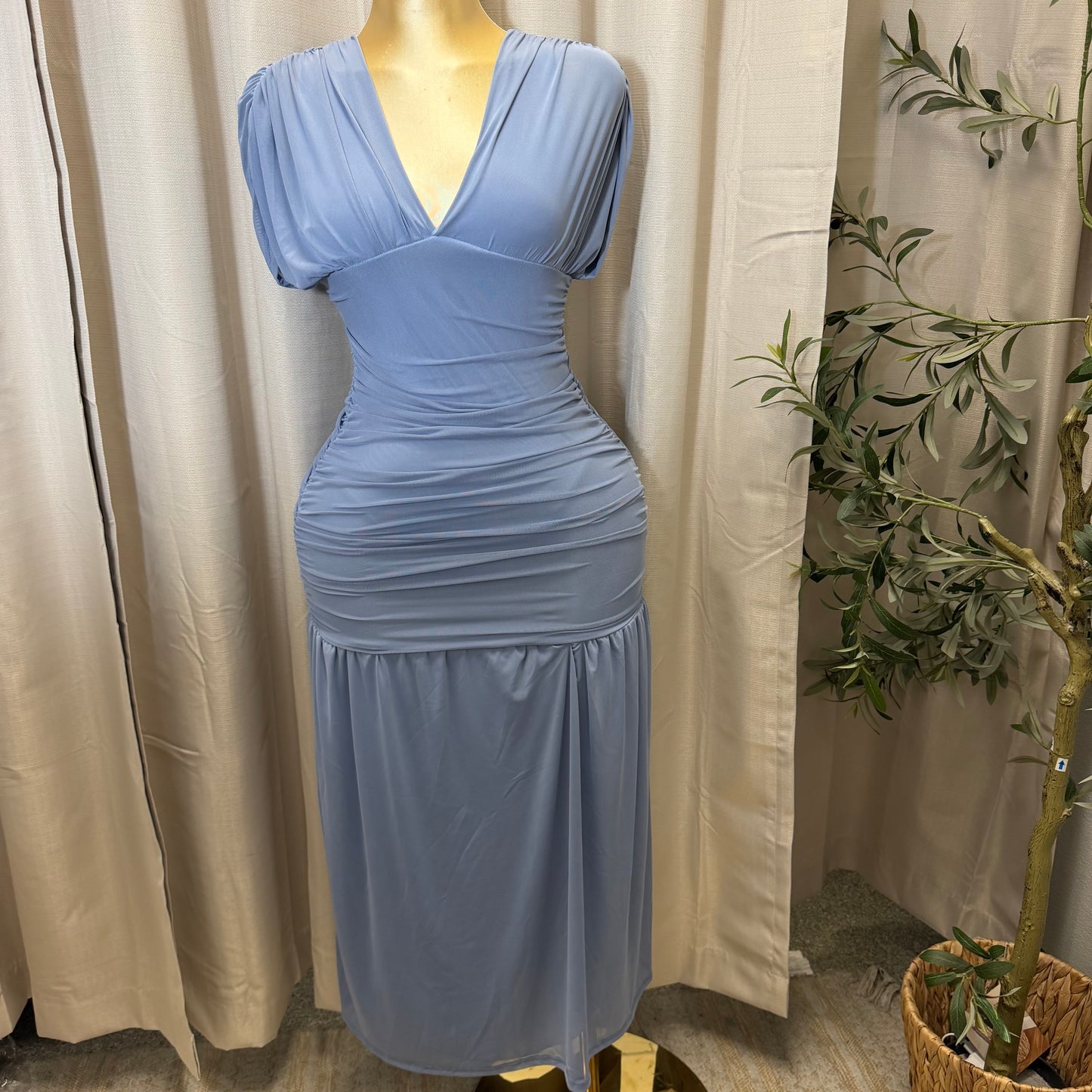 V Neck Mesh Maxi Dress-baby blue