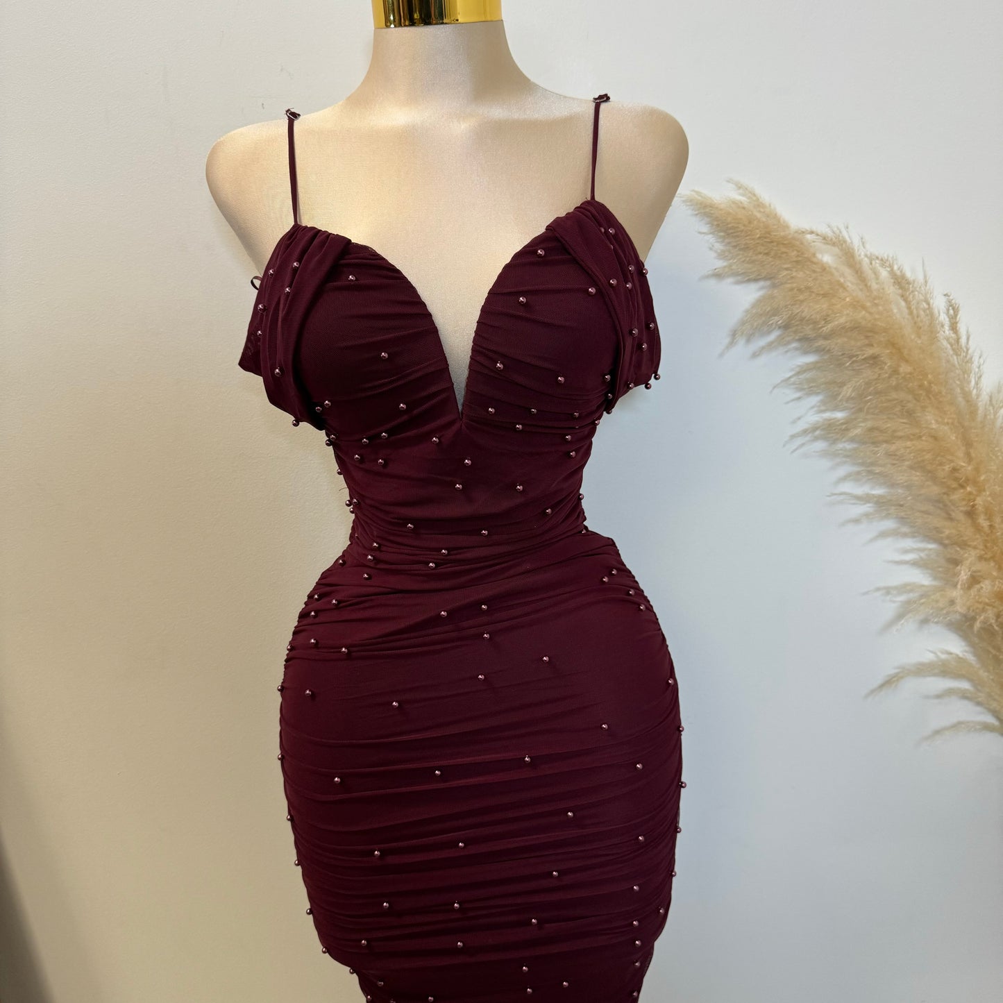 Aria Pearl Midi Dress- Burgundy