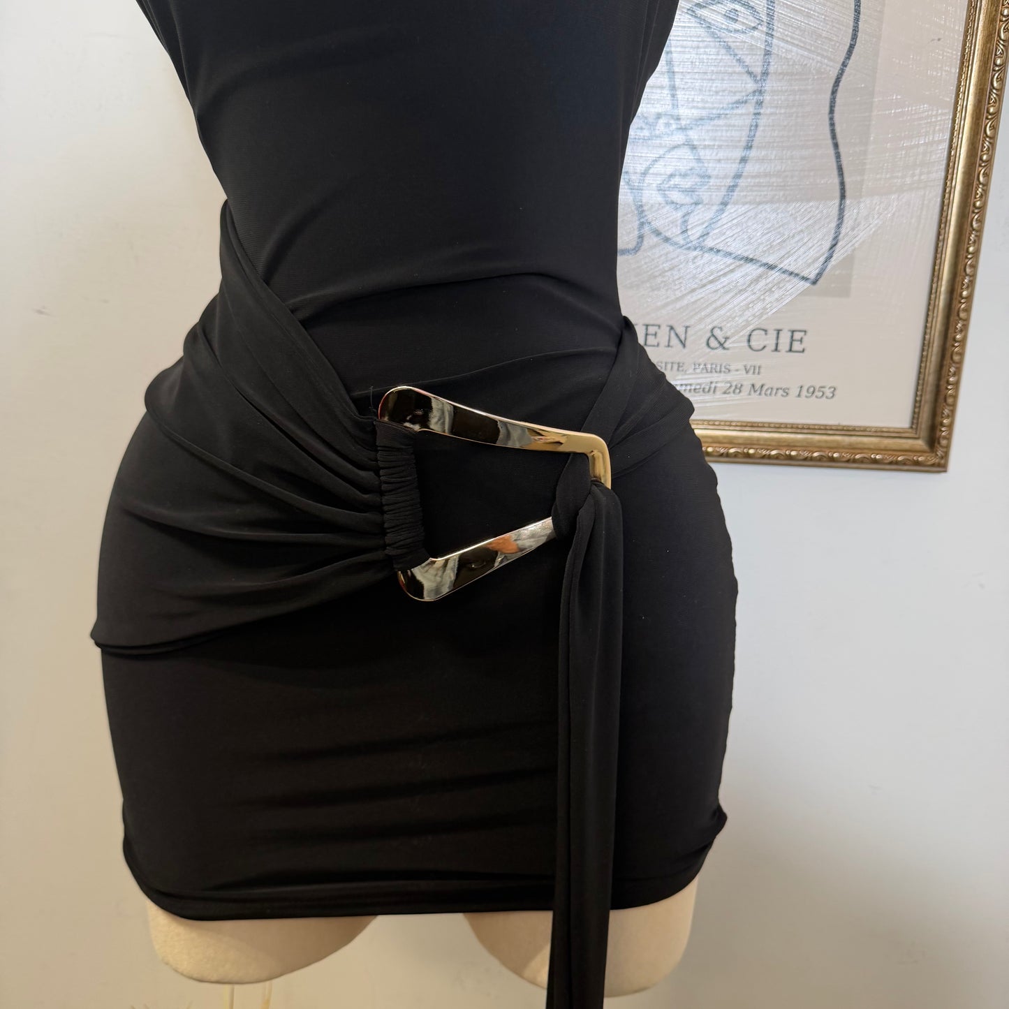 Halter Drape Trim Detail Mini Dress-Black