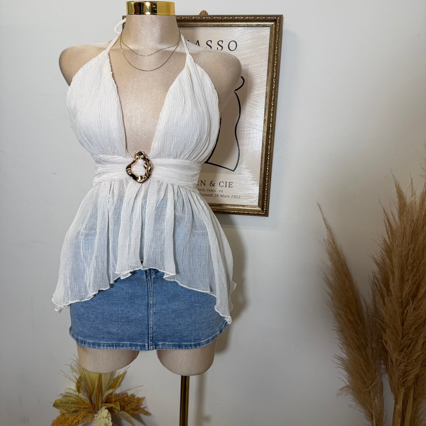 Textured Open back Top With Trim-Ivory