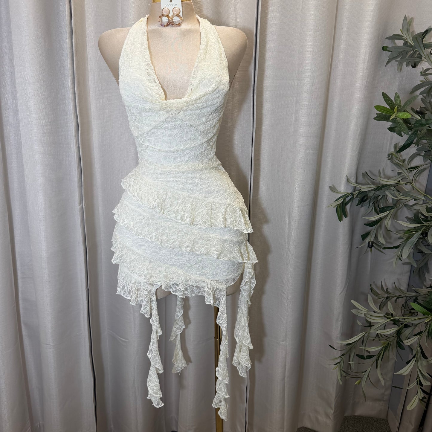 Halter lace mini dress with layered skirt-Ivory