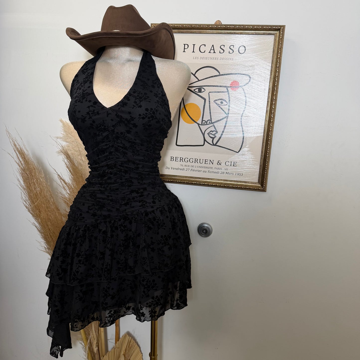 Halter Flower Print Dress-Black