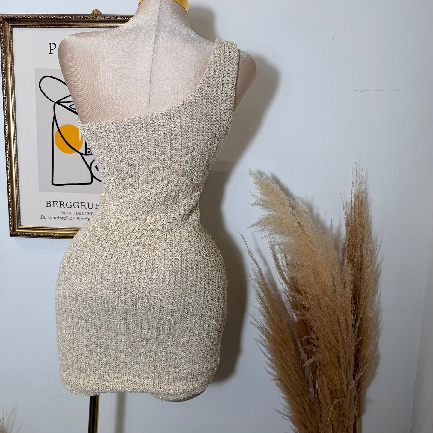 One shoulder Metallic Crochet Knit Mini Dress-Natural