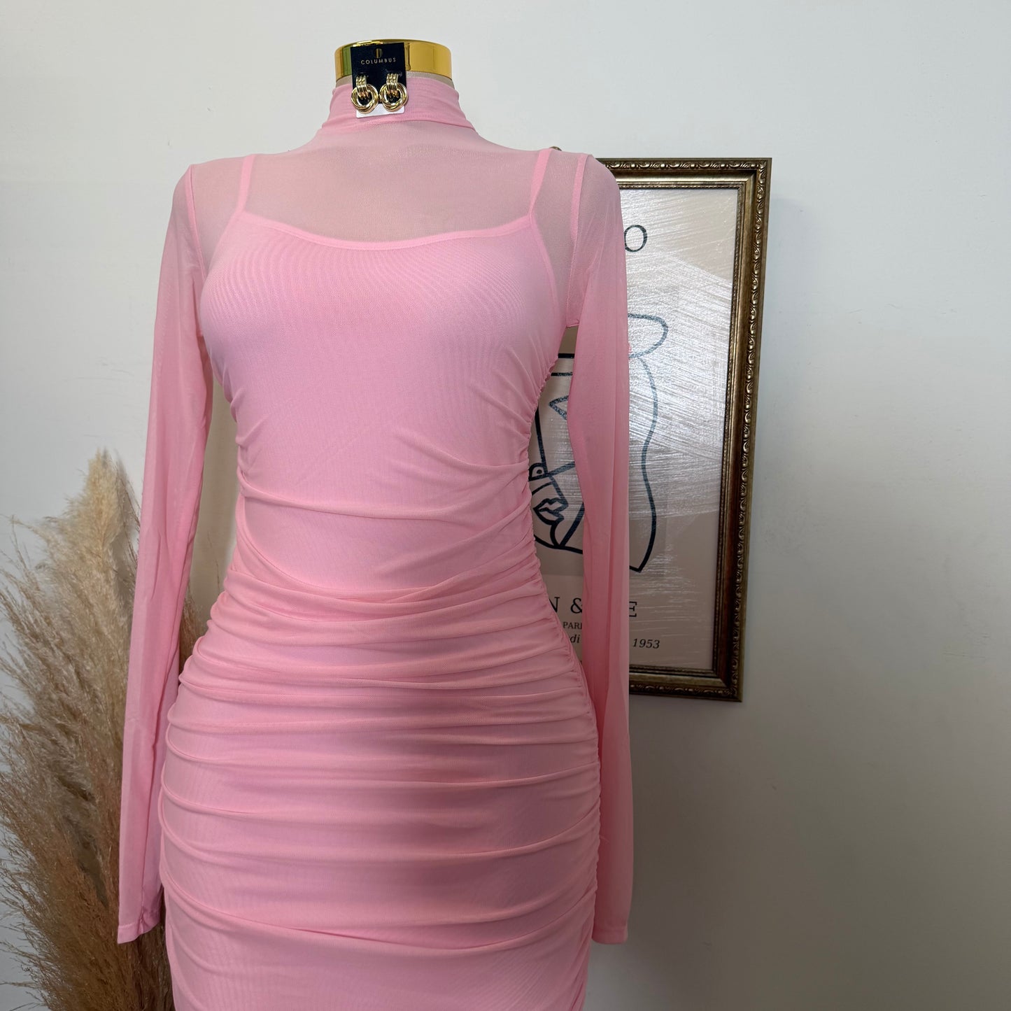 Solid Mesh Mock Neck Midi Long Sleeve Dress-Baby Pink